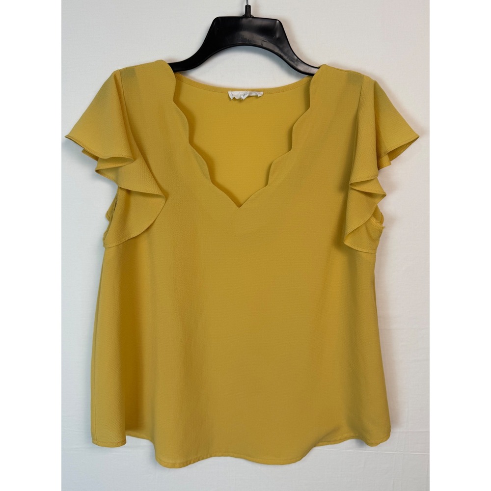 MINE Scalloped V-Neck Blouse Women Medium Yellow Flutter Sleeve TB8165